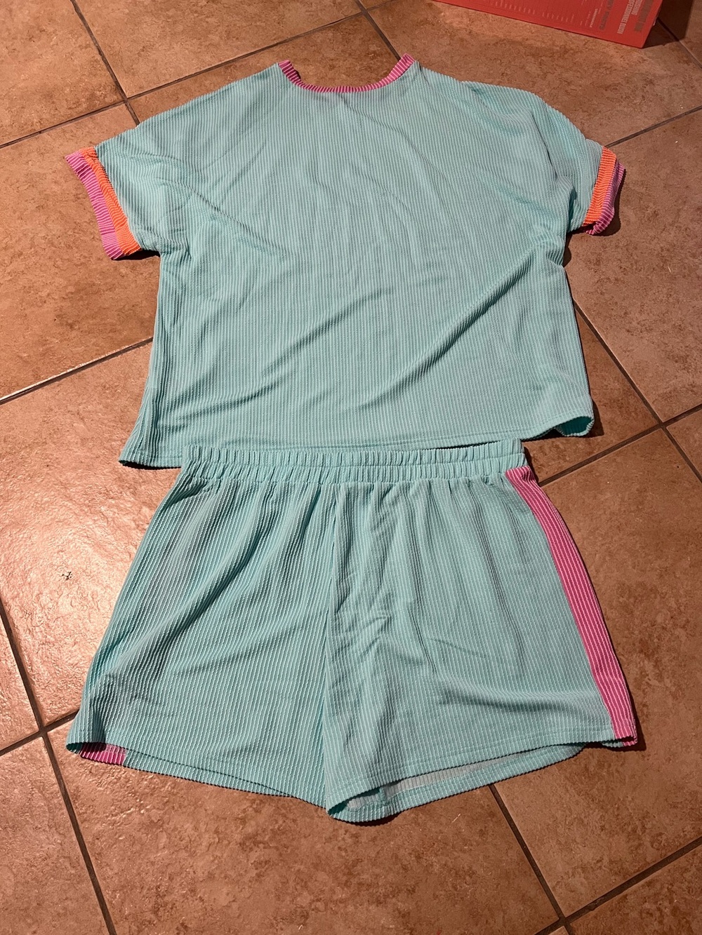 Aqua Ribbed Lounge Set with Pink & Orange Trim